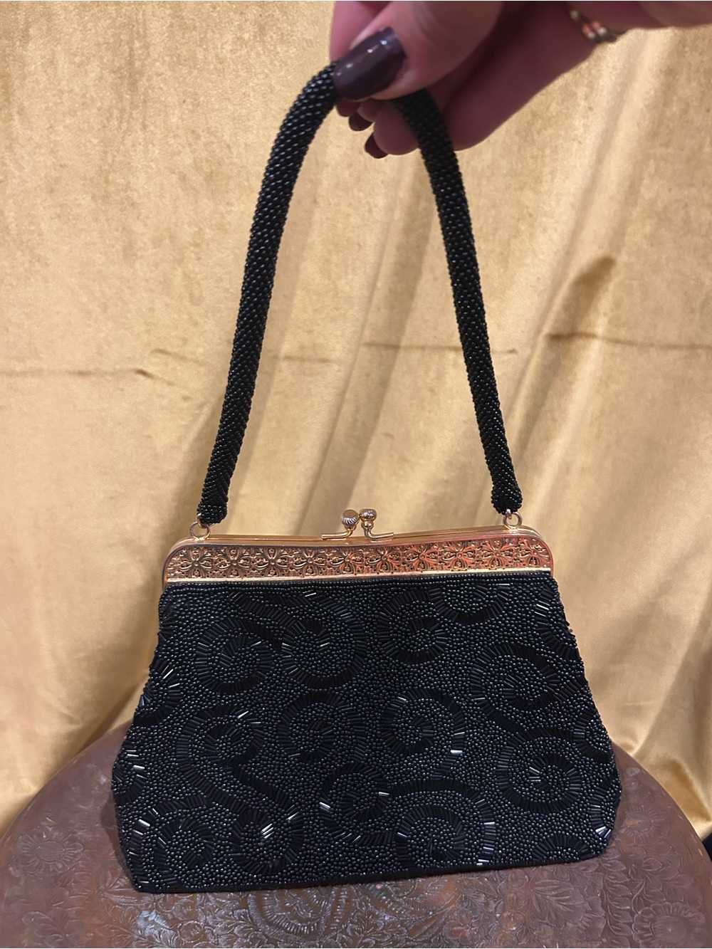 Classic Black Beaded Evening Bag with Gold Frame